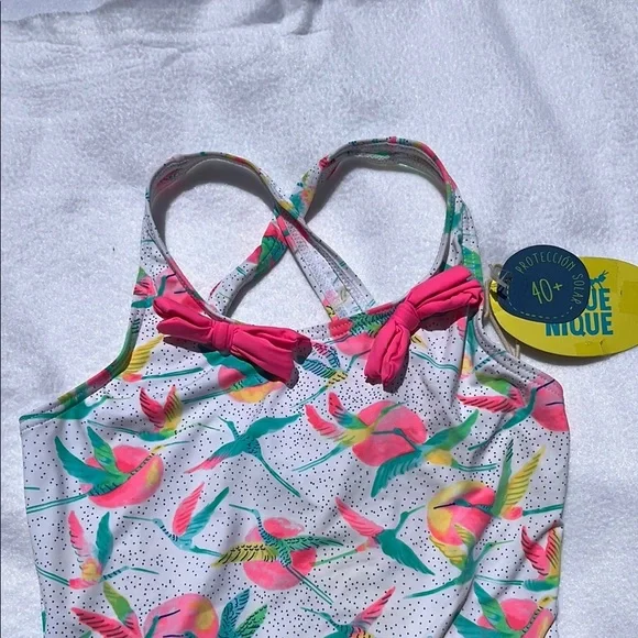 Pink and Green One Piece Swimwear with Tropical Print - Picture 2 of 6